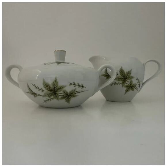 FINE CHINA OF JAPAN, Creamer & Sugar Bowl w/Lid, White with Pink, Green & Brown - Picture 14 of 15